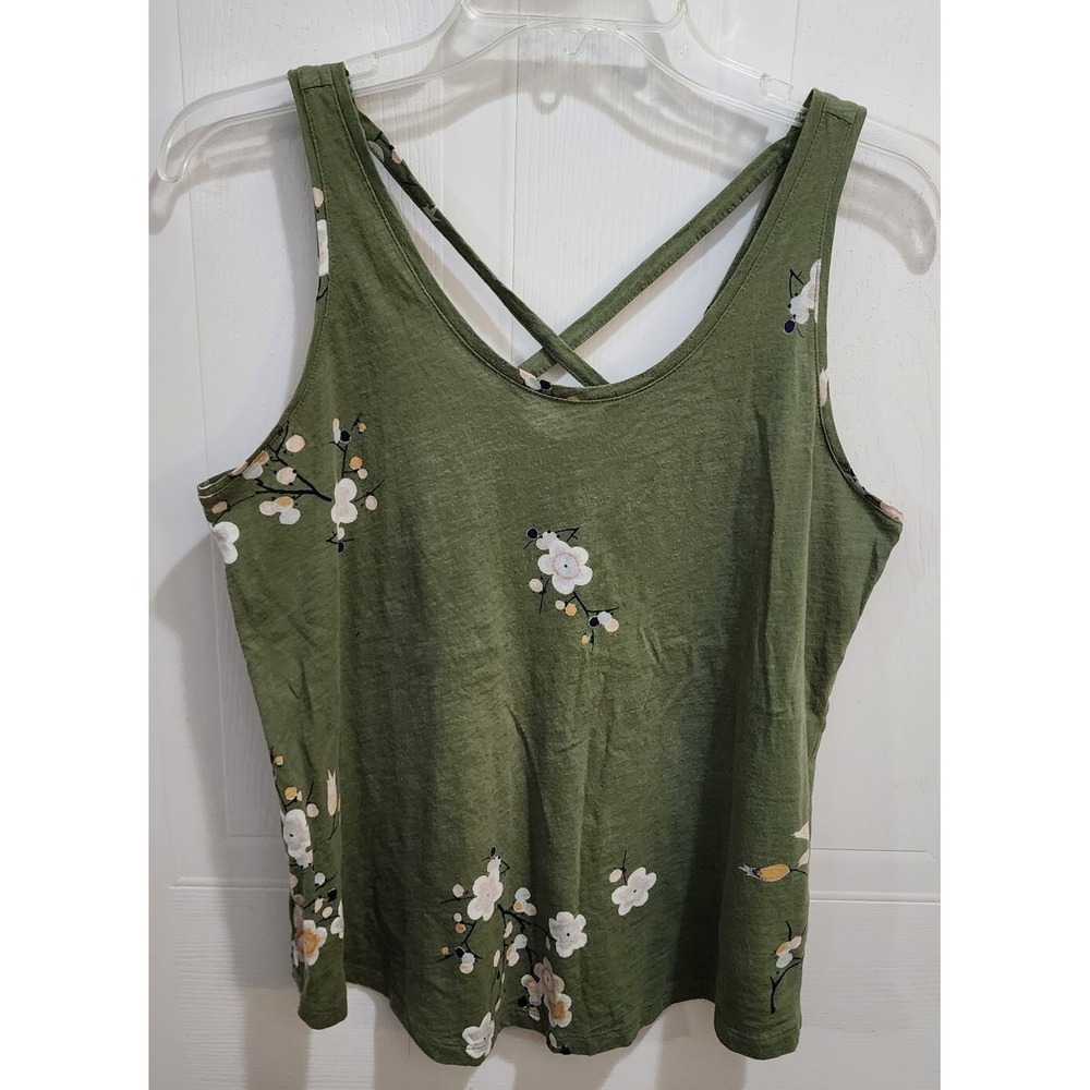 Loft Women's Sleeveless Tank Top Criss Cross Back Round Neck Green Floral Size S